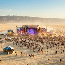 summer party rave gigantic desert burning man stage and thousands of party people beautiful picture and scenery, official fanart behance hd artstation by greg rutkowski, by jeremy mann, by francoise nielly, by van gogh