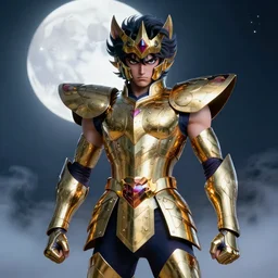 full shot portrait of angry Saint Seiya knight at moonlight, wearing golden and silver Cat armor, inspired by Tim Burton, Masami Kurumada, detailed, unreal engine 4k volumetric light, fog,