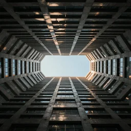 centered horizon, acrophobia view looking down the bottom of a building