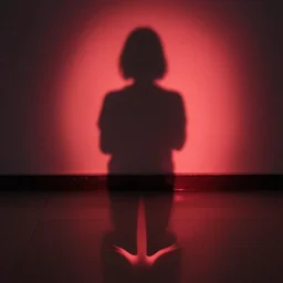 she sees her own shadow cast in red light and outlined on the floor below her
