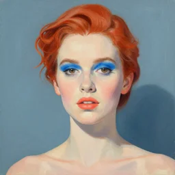 Female model, red hair, coral lips, blue shadow, Edward Hopper style