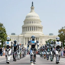 high resolution hyperrealist photo of parade of robots marching down Pennsylvania Avenue towards the U.S. Capitol Dome, Sigma 85mm f/1.4