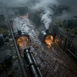 aerial view, super sewer, tunnels, sludge river, effluent, pipes, warhammer 4 0 k, eery lighting, steam, fog, matte painting