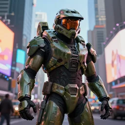 master chief from halo in the middle of times square, realistic 4 k octane beautifully detailed render, 4 k post - processing, highly detailed, intricate complexity, epic composition, magical atmosphere, cinematic lighting, masterpiece, ultra hd