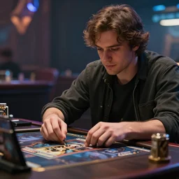 close up cinematic artwork of a man playing a MTG tournament by Greg Rutkowski, 4k, masterpiece