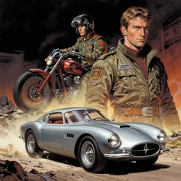 moebius comic art, the incal, rider, driver, racer, pilot, maserati tipo 1 5 1, cinematic moebius illustration, painting, film still, blade runner 2 0 4 9