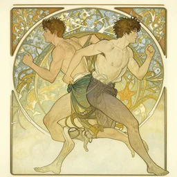 a drawing of two men running frantically together, a poster by victo ngai and krenz cushart, pixiv contest winner, art nouveau, official art, wiccan. detailed. beautiful.