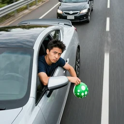 Man leaning out of passenger window of Corvette stares contemptuously at nearby car on the highway while holding a green shell from Mario Kart, aerial shot, drone shot n -9