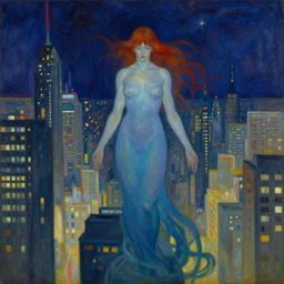 ocean spirit lost in a metropolis. this art noveau painting by the award - winning artist has dramatic lighting, an interesting color scheme.