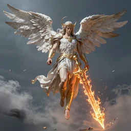 archangel ghabriel with fire sword sky descending, unreal engine