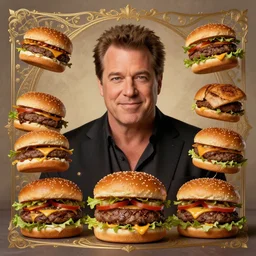 centered beautiful detailed front view portrait of guy fieri with ornate burgers growing around, ornamentation, burgers, elegant, beautifully soft lit, by wayne barlowe, peter mohrbacher, kelly mckernan,