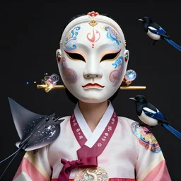 3 d goddess waist shot portrait. beautiful intricate highly detailed korean dokkaebi mask and traditional korean hanbok. stingray, magpie, bioluminescent, iridescent, plasma, lava, ice, water, wind, creature, key lighting, artwork by tooth wu and wlop and beeple and greg rutkowski, 8 k trending on artstation,
