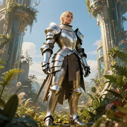 Big and robust full armored female knight errant in a high tech botanical world with blue skies | style by Dmitry Khrapovitsky, vincent callebaut, dramatic light | high detail | cinematic lighting | pristine metals, glass, plants | solarpunk | golden hour | volumetric lighting | concept art |