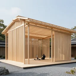 light wooden structure designed by tadao ando for the tea drinking ceremony