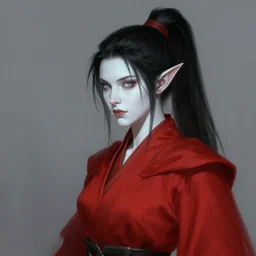 female elf mage, pale white skin, black hair in a high ponytail, red robes, baldur's gate character portrait digital painting by larry elmore
