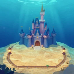 underwater ariel's castle 2. 5 d game level, myvmk, with detailed sand, clean, lanterns, disney, toon shader, arnold maya render, artstation by miha rinne