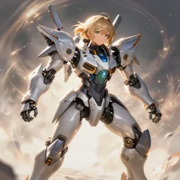 a battle mech piloted by a cute kawaii girl, battle stance, smooth, intricate, elegant, power aura, artstation, digital painting, concept art, high tech fantasy, sharp focus, illustration, art by james jean and josan gonzalez,