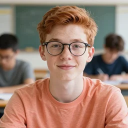 male teen with ginger hair, freckles, wearing glasses in a classroom, close up portrait, salmon shirt