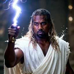 kanye west as zeus!!!, god of thunder, greek god, white robe, thunderbolt, in mortal kombat, mythology, fantasy, detailed face, splash art, movie still, cinematic lighting, dramatic, octane render, long lens, shallow depth of field, bokeh, anamorphic lens flare, 8 k, hyper detailed, 3 5 mm film grain