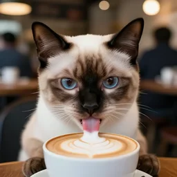ultra high quality photograph of a extreme cute korat kitten drinking a cappuccino. he stick out his little tongue. his eyes look to tha camera. in crowded cafe, bokeh background, lighting dim, colourized, kodak etkar 1 0 0