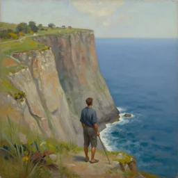 a man end of the cliff oil painting