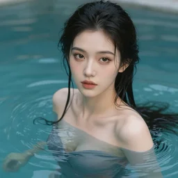 a seductive look asia girl standing in a water pool, beautiful eyes, digital illustration, fantasy, art, amazing detail, in the style of greg rutkowski