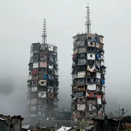 two towers, made up of makeshift squatter shacks, uneven dense fog, dystopia, mamiya, fully frontal view, photographed by jeanette hagglund