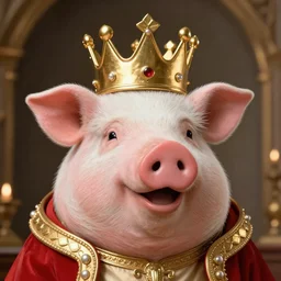 photo of cute pig king wearing a gold crown depicted as a muppet