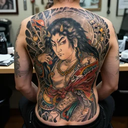elaborate full - back irezumi tattoo of a hannya, tattoo parlor photo, realistic and coherent