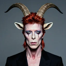 actor David Bowie in Elaborate Pan Satyr Goat Man Makeup and prosthetics designed by Rick Baker, Hyperreal, Head Shots Photographed in the Style of Annie Leibovitz, Studio Lighting