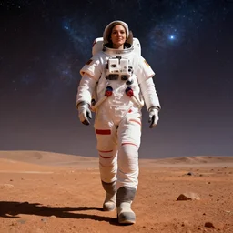 low angle wide angle shot of a female astronaut with an athletic build smugly walking towards the camera on mars in the infinite universe in digital art style