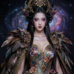 a beauty oil paint of a goddess of universe with prety face, wearing a feathered cloak and a fancy silk floral dress, ornate, ultra realistic, concept art, intricate details, eerie, highly detailed, photorealistic, octane render, 8 k, unreal engine. ruan jia, wlop. scifi, fantasy, intense colors, hyper detailed, octane render, concept art, by peter