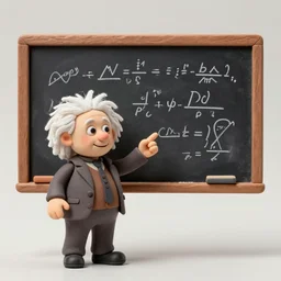 claymation miniature scene of albert einstein pointing standing in front of miniature blackboard with lots of mathematical formulas chalked on, anatomically correct hands