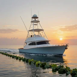 A painting of a Sport fishing yacht with tuna tower at sunrise trolling along a well defined weed line, inspired by Guy Harvey, digital art, insanely detailed, hyper detailed photorealistic, ambient lighting, award winning, stunning