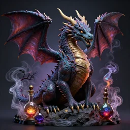 a beautiful detailed 3 d matte portrait of a dragon, by ellen jewett, by tomasz alen kopera, by justin gerard, ominous, magical realism, texture, intricate, whirling smoke, alchemist bottles, radiant colors, fantasy, volumetric lighting, high details