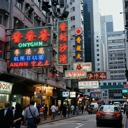 a wall of many varied neon signs, over the busy streets of Hong Kong Central, 1988, by Andreas Gursky