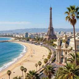 landscape of the beautiful city of paris rebuilt near the pacific ocean in sunny california, amazing weather, sandy beach and blue ocean water, palm trees, incredible eiffel tower, splendid haussmann architecture, digital painting, highly detailed, intricate, without duplication, art by craig mullins, greg rutkwowski, concept art, matte painting, trending on artstation, octane render, 8 k, unreal engine