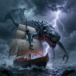 giant kraken swallowing a sail boat, storm, lightning, rain, fantasy, horror