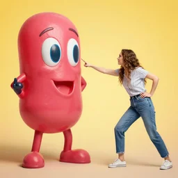 a woman picking a fight with a giant jelly bean