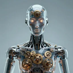 humanoid robot from ex machina, glass forehead, transparent, see - through, gears and lights, cinematography by stanley kubrick, intricate, elegant, symmetry