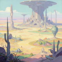 a scifi landscape painting by Greg Hildebrandt,trending on artstation,intricate,2d,4k,pastel colors