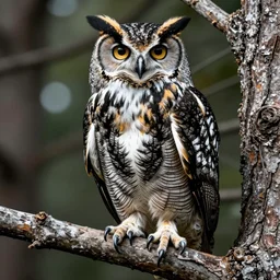 hyperrealist highly detailed cinematic lighting nature photograph of a great horned owl sitting on a tree branch, high contrast wood engraving, kentaro miura manga style, shocking detail trending on artstation 8 k