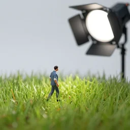 photo still of miniature man walking on tall grass, 8 k, studio lighting bright ambient lighting key light, 8 5 mm f 1. 8