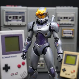 close upper body diorama mech - suit figurine helmet shot. shallow depth of field. suit of armor. samus aran's varia suit in the style of a 1 9 8 0 s grey aged cassette tape player, a gameboy dmg - 0 1 classic, as well as the handyboy, konami hyperboy, saitek boosterboy accessories. cyberdeck.