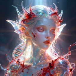 a frontal face portrait of transparent and beautiful elegant elemental entity made of blood dna + dissolving into light + backlit + incredible lighting+ strong rim light + highly detailed + god rays + digital painting + HDRI, by Andon Hristov, vivid colors, high contrast, 8k resolution, intricate, photorealistic, smooth