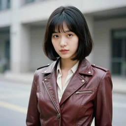 ektachrome, 3 5 mm, highly detailed : incredibly realistic, youthful asian demure, exquisite features, feminine cut, portrait photo 1 9 7 0 s frontiers in flight leather suit cosplay fashion, nick night,