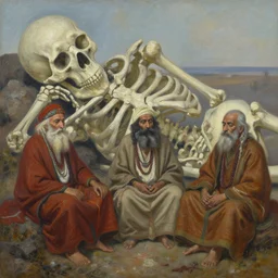old shamans live in the remnants of a sleeping gigantic skeleton, oil on canvas, by jeffrey catherine jones and enki bilal and winslow homer