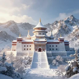 a scene concept design, depicting a snow - covered palace halfway up changbai mountain, with sunlight spilling over and a magnificent atmosphere ， super wide angle ， matte painting ， rtx on ， in huang guangjian style ， trending on cgsociety and artstation, unreal engine ， volumetric light ，