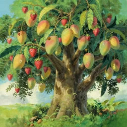 painting of beautiful tree with mango strawberry kiwi by studio ghibli, makoto shinkai trending on artstation, epic composition, intricate details