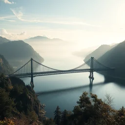 a fantasy black bridge across a big lake, aerial view, matte painting by christophe young and raphael lacoste, trending on artstation